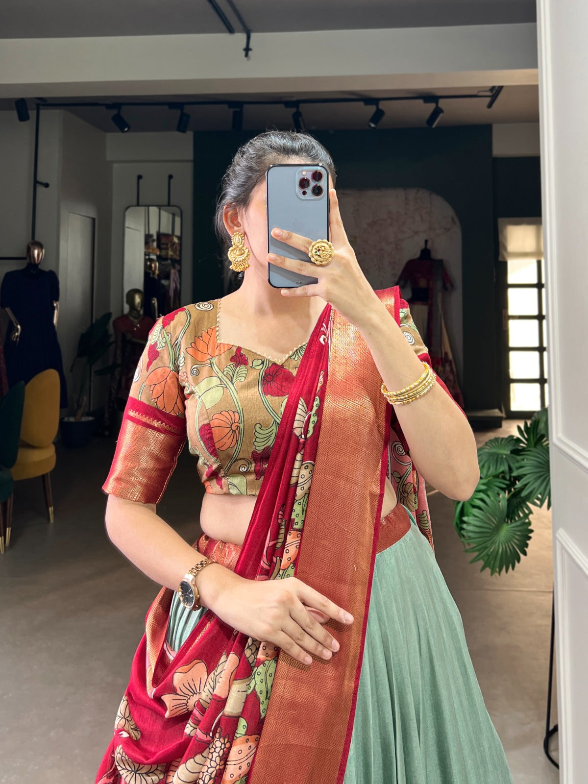 Lorenvalley Seagreen Dola Silk and Jacquard Silk Printed (Kalamkari) With Zari Weaving Border Lehenga Choli | Grocsy