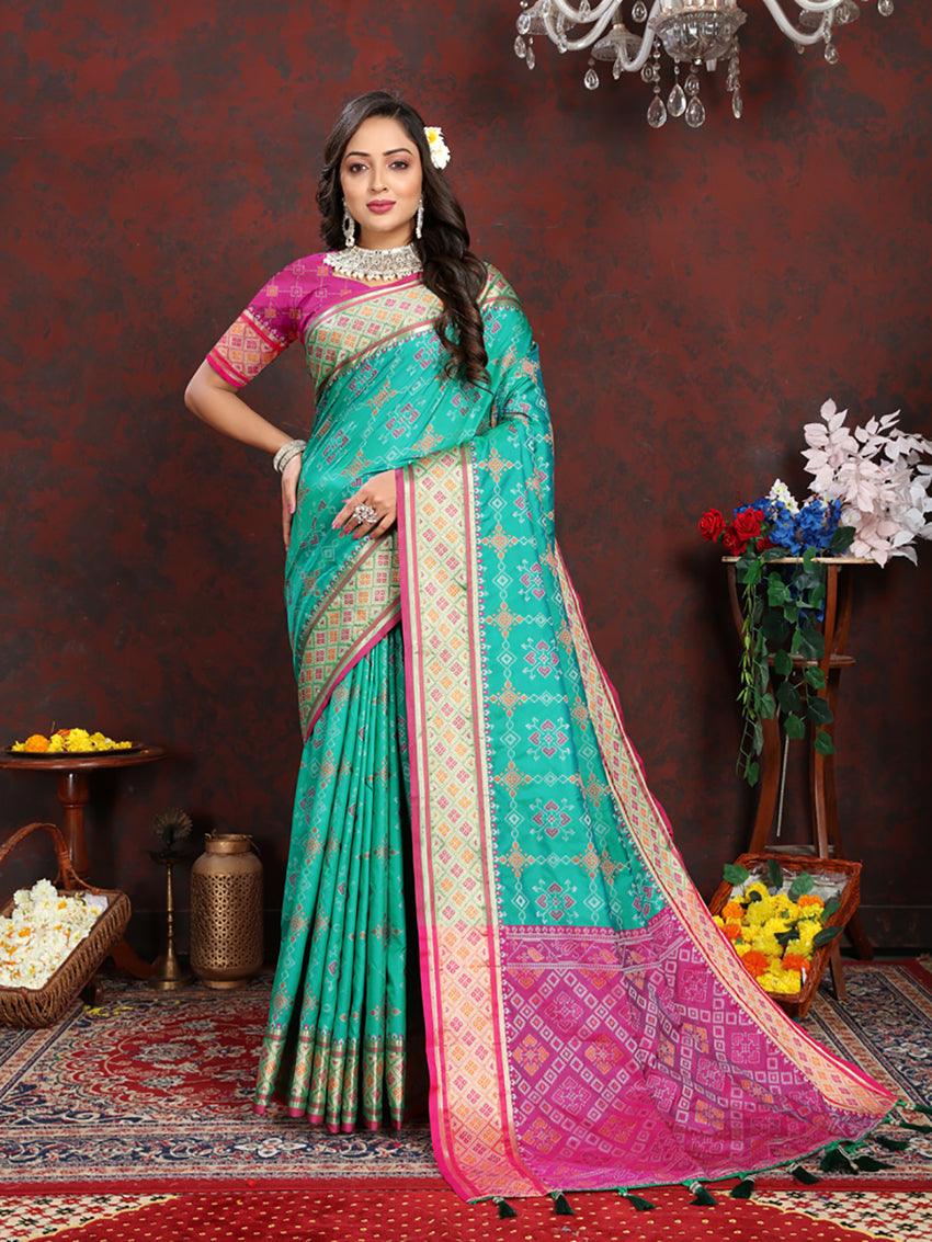 Lorenvalley Fashion Seagreen Patola Silk Woven Design with Zari Meenakari Weaving motifs Pallu Saree | Grocsy