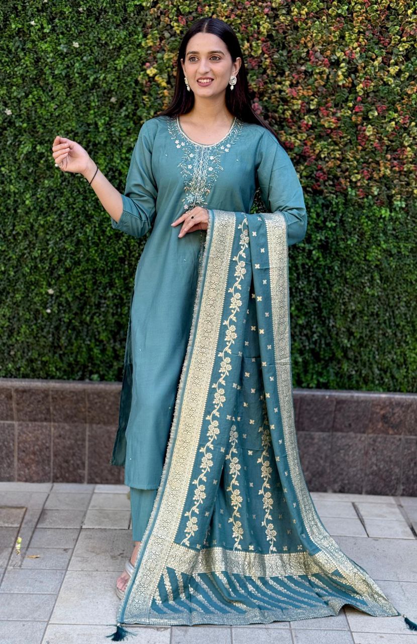 Lorenvalley Fashion Seagreen Roman Silk Hand Work Kurta Pant with Dupatta | Grocsy