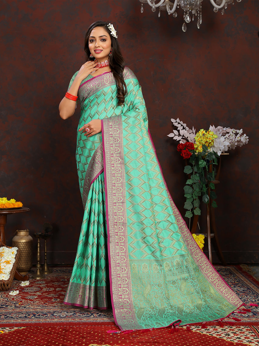 Lorenvalley Fashion Seagreen Soft Katan Silk Woven Design Rich Zari Weaving Pallu Saree | Grocsy