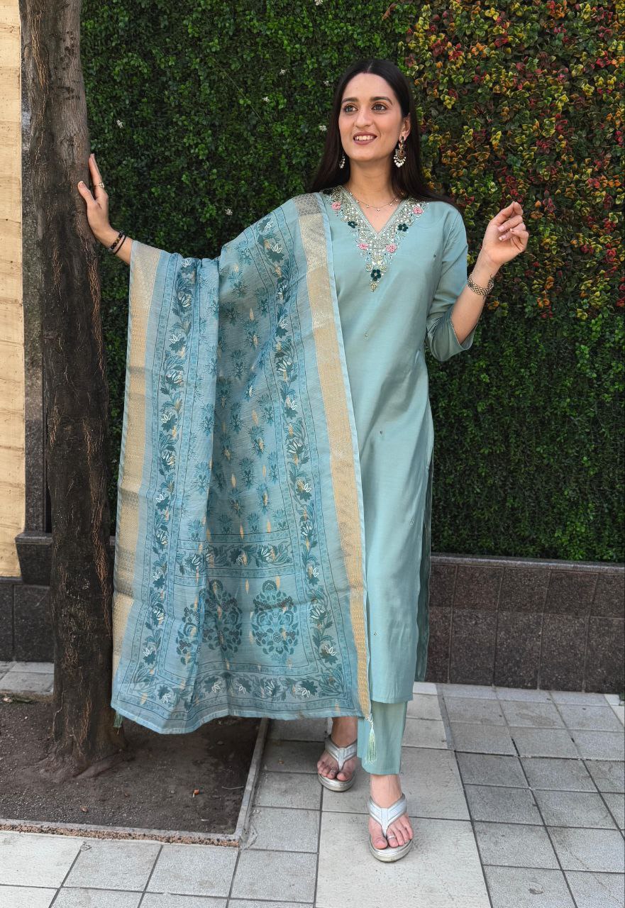 Lorenvalley Fashion Seagreen Roman Silk Hand Work Kurta Pant with Dupatta | Grocsy