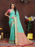 Lorenvalley Fashion Seagreen Soft Katan Silk Woven Design Zari Weaving Pallu Saree | Grocsy