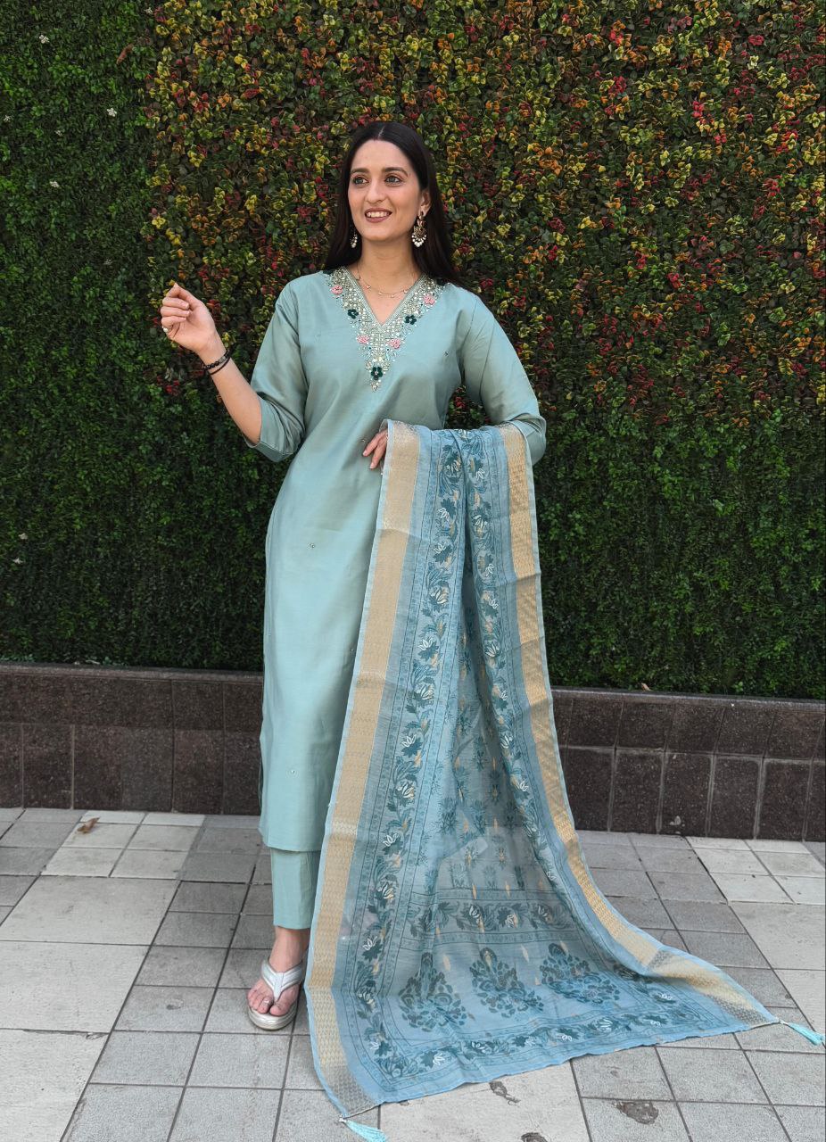 Lorenvalley Fashion Seagreen Roman Silk Hand Work Kurta Pant with Dupatta | Grocsy