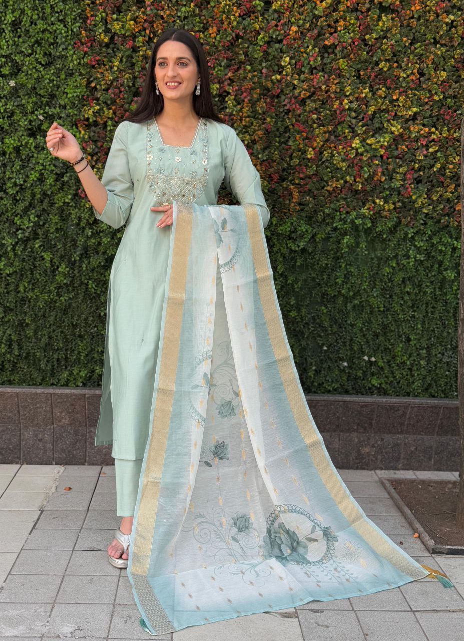 Lorenvalley Fashion Seagreen Roman Silk Hand Work Kurta Pant with Dupatta | Grocsy