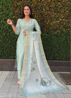 Lorenvalley Fashion Seagreen Roman Silk Hand Work Kurta Pant with Dupatta | Grocsy