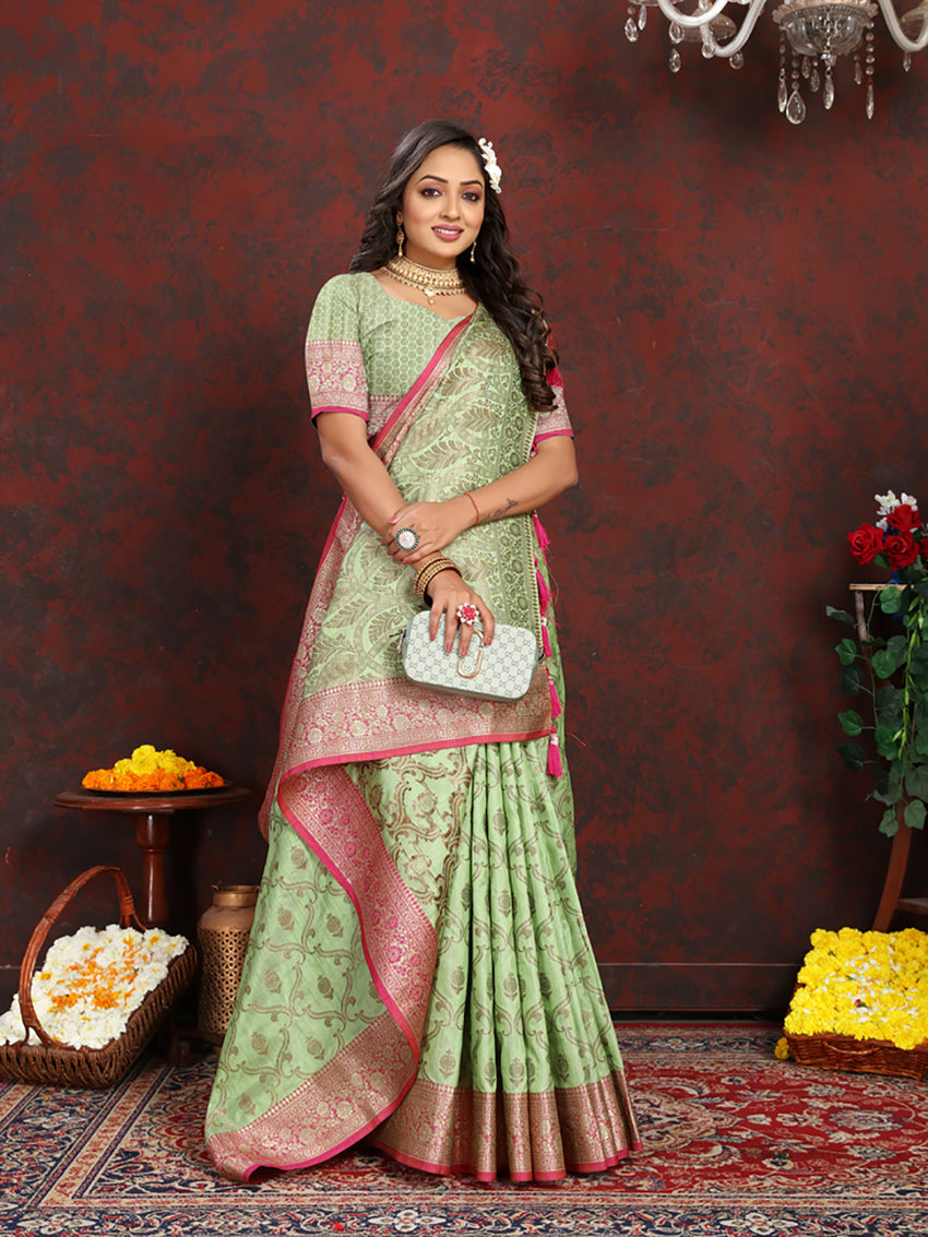 Lorenvalley Fashion Seagreen Soft Katan Silk Woven Design Rich Zari Weaving Pallu Saree | Grocsy