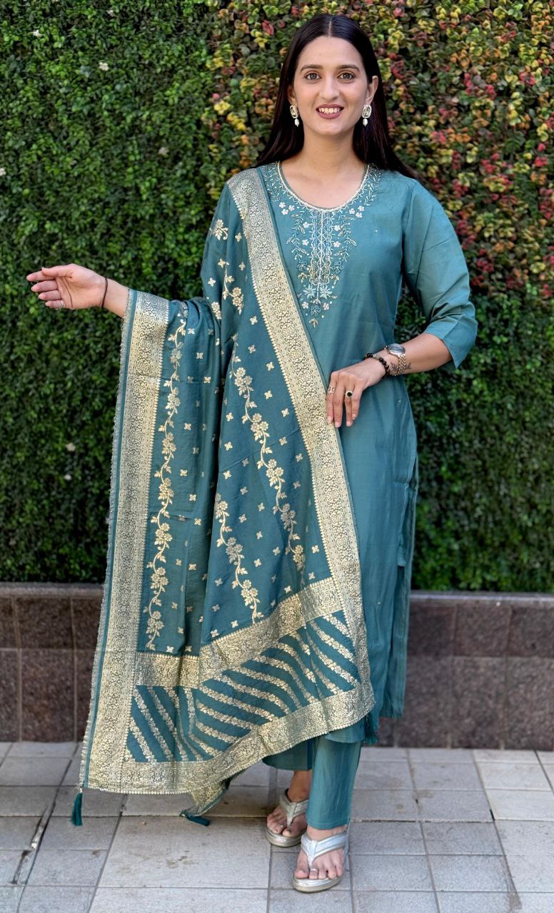 Lorenvalley Fashion Seagreen Roman Silk Hand Work Kurta Pant with Dupatta | Grocsy