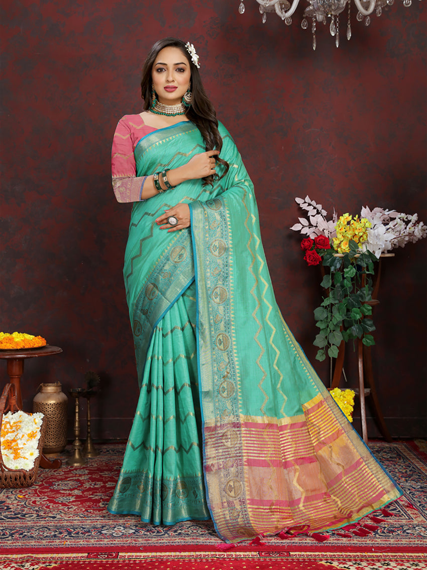 Lorenvalley Fashion Seagreen Soft Katan Silk Woven Design Zari Weaving Pallu Saree | Grocsy