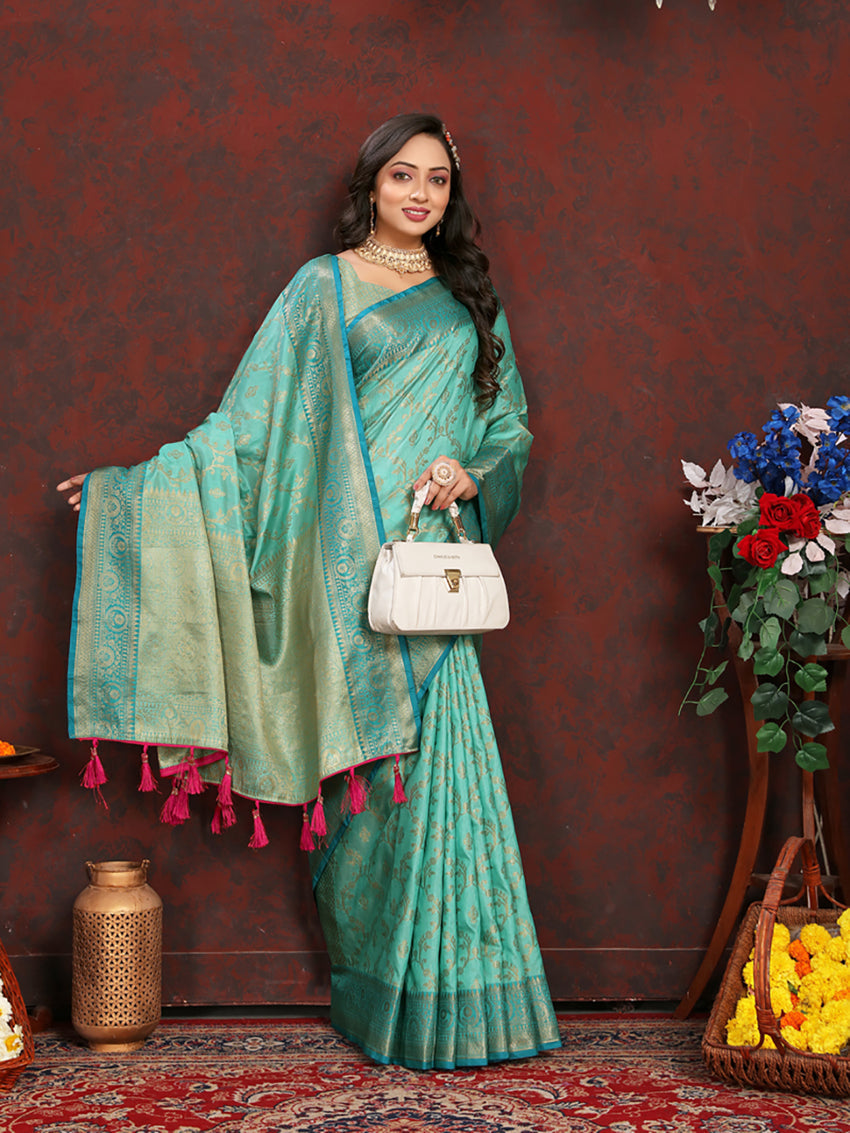 Lorenvalley Fashion Seagreen Soft Katan Silk Woven Design Zari Weaving Pallu Saree | Grocsy