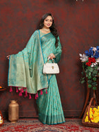 Lorenvalley Fashion Seagreen Soft Katan Silk Woven Design Zari Weaving Pallu Saree | Grocsy