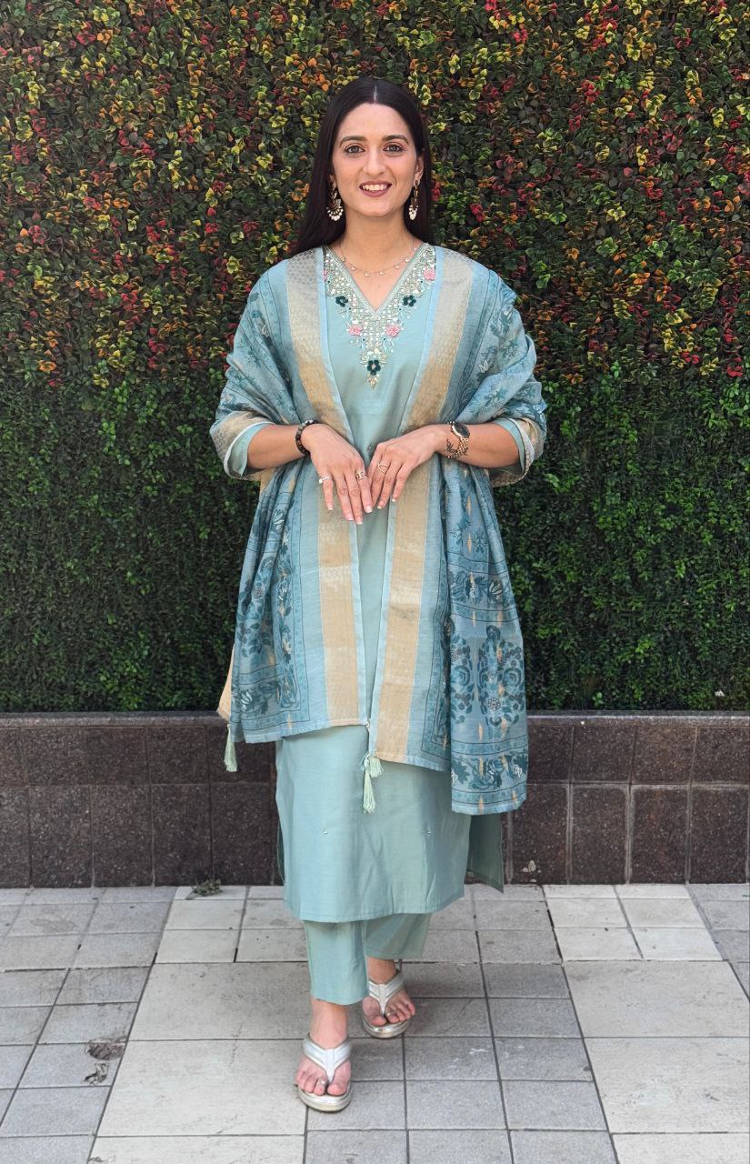 Lorenvalley Fashion Seagreen Roman Silk Hand Work Kurta Pant with Dupatta | Grocsy