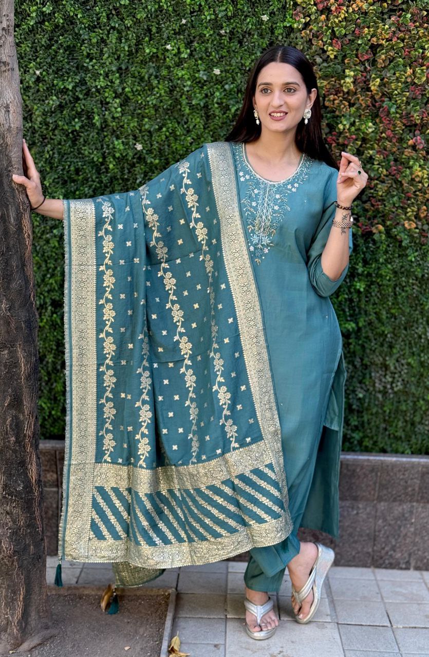 Lorenvalley Fashion Seagreen Roman Silk Hand Work Kurta Pant with Dupatta | Grocsy