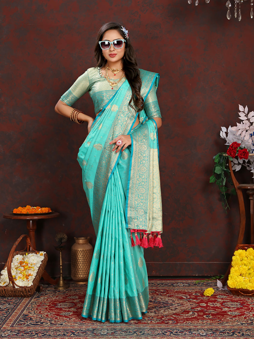 Lorenvalley Fashion Seagreen Soft Katan Silk Woven Design Zari Weaving Pallu Saree | Grocsy