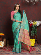 Lorenvalley Fashion Seagreen Soft Katan Silk Woven Design Zari Weaving Pallu Saree | Grocsy