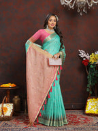 Lorenvalley Fashion Seagreen Soft Katan Silk Woven Design Zari Weaving Pallu Saree | Grocsy