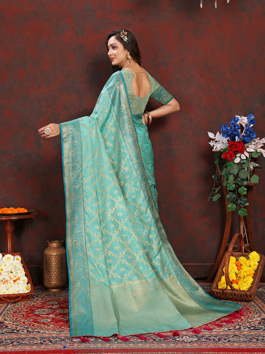 Lorenvalley Fashion Seagreen Soft Katan Silk Woven Design Zari Weaving Pallu Saree | Grocsy