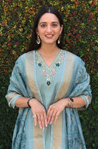 Lorenvalley Fashion Seagreen Roman Silk Hand Work Kurta Pant with Dupatta | Grocsy