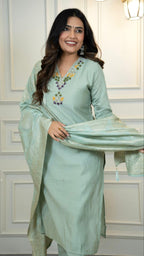 Lorenvalley Fashion Seagreen Roman Silk Hand Work Kurta Pant with Dupatta | Grocsy