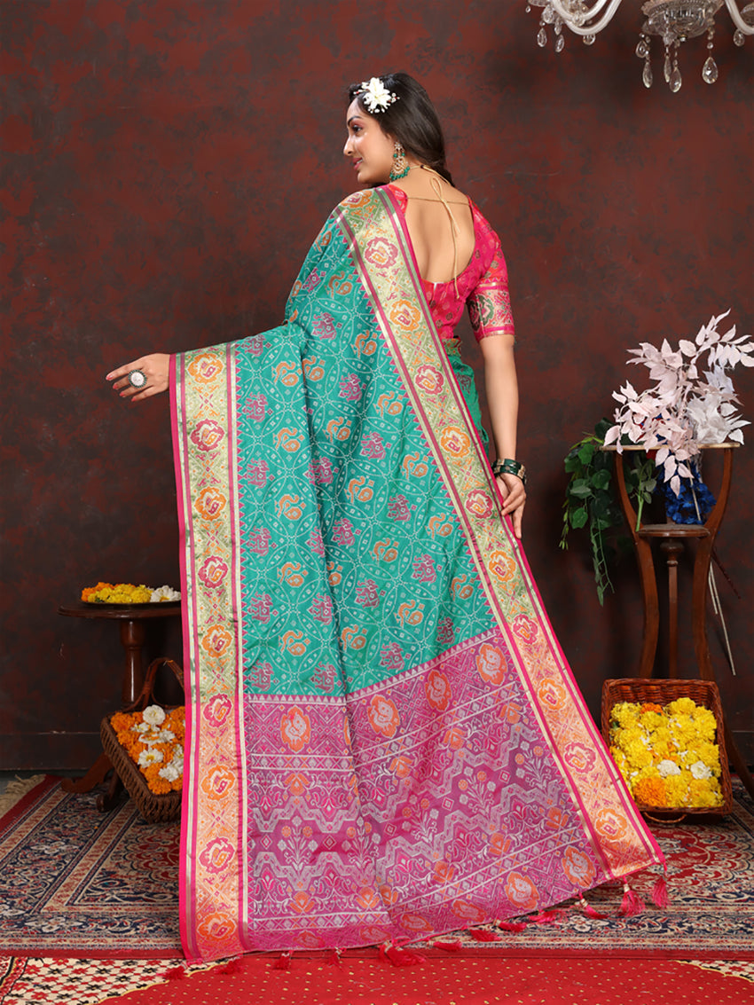 Lorenvalley Fashion Seagreen Patola Silk Woven Design with Zari Meenakari Weaving motifs Pallu Saree | Grocsy
