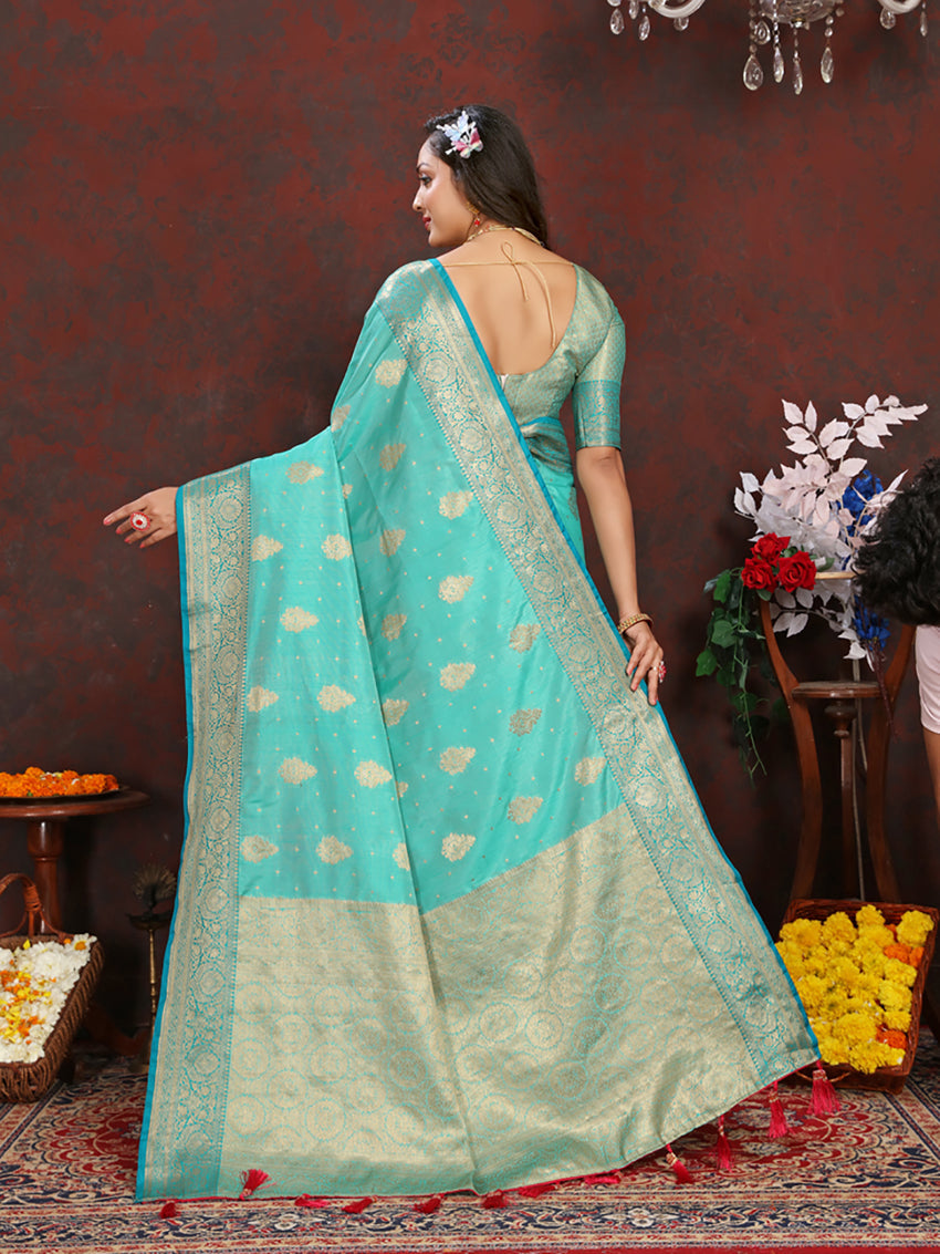 Lorenvalley Fashion Seagreen Soft Katan Silk Woven Design Zari Weaving Pallu Saree | Grocsy
