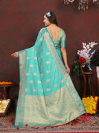 Lorenvalley Fashion Seagreen Soft Katan Silk Woven Design Zari Weaving Pallu Saree | Grocsy