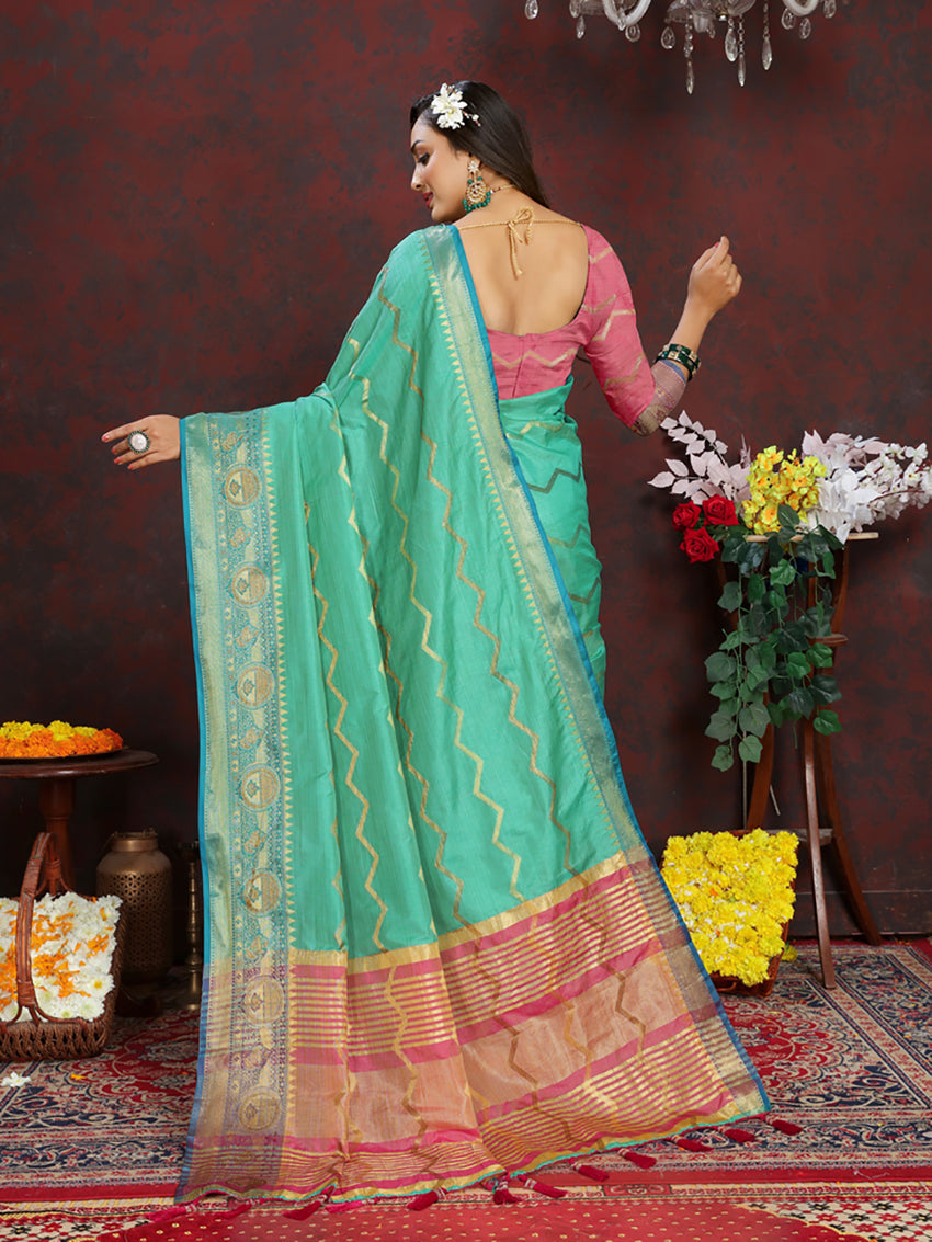 Lorenvalley Fashion Seagreen Soft Katan Silk Woven Design Zari Weaving Pallu Saree | Grocsy
