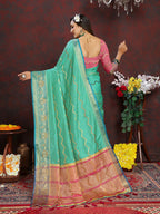 Lorenvalley Fashion Seagreen Soft Katan Silk Woven Design Zari Weaving Pallu Saree | Grocsy