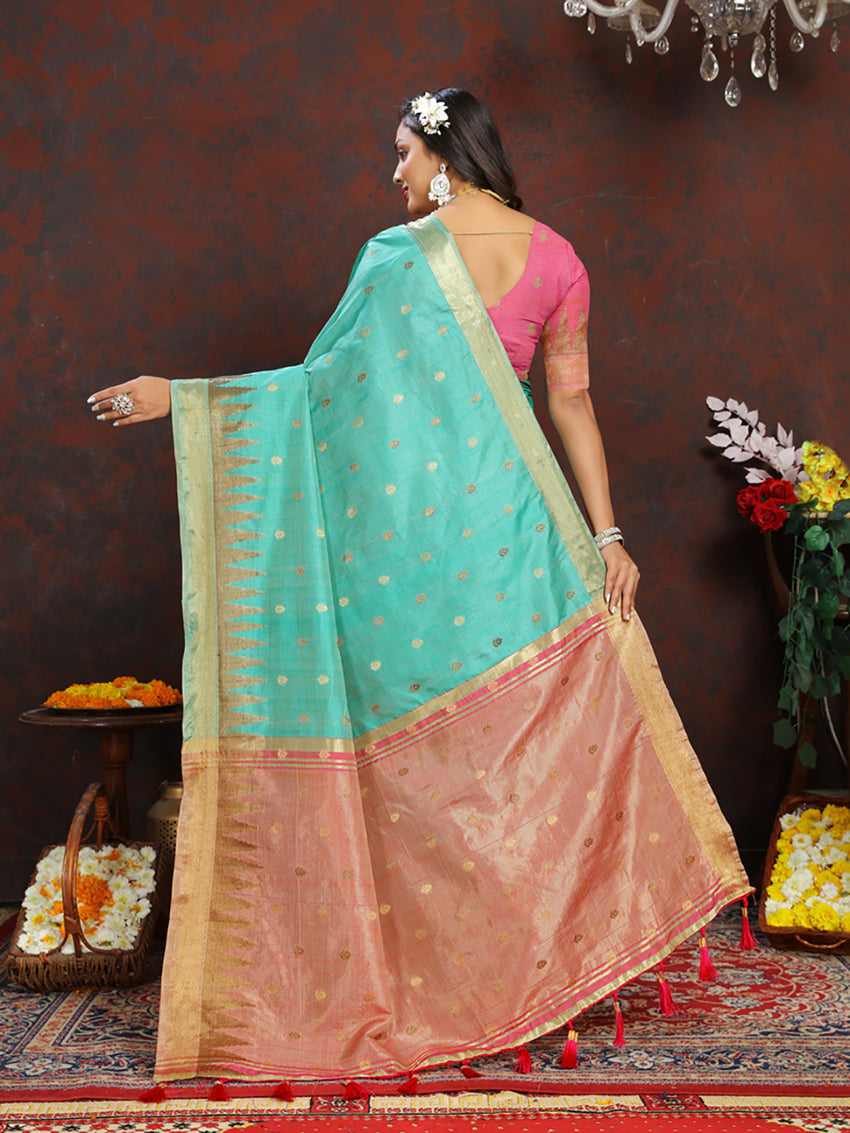 Lorenvalley Fashion Seagreen Soft Katan Silk Woven Design Zari Weaving Pallu Saree | Grocsy