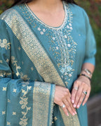 Lorenvalley Fashion Seagreen Roman Silk Hand Work Kurta Pant with Dupatta | Grocsy