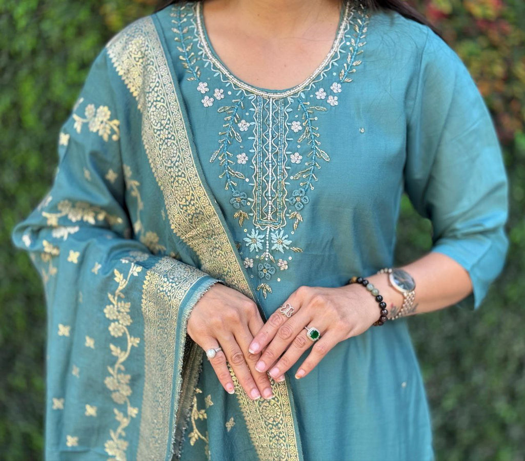 Lorenvalley Fashion Seagreen Roman Silk Hand Work Kurta Pant with Dupatta | Grocsy