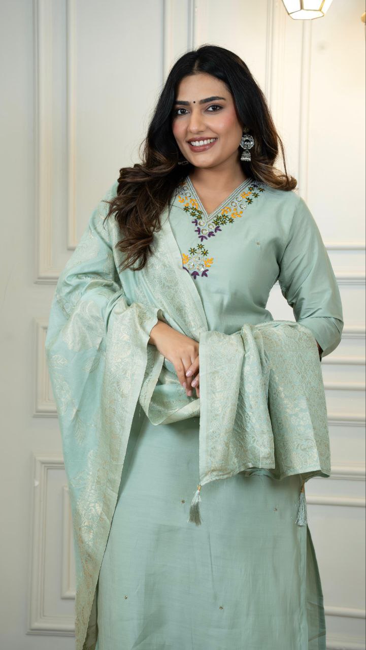 Lorenvalley Fashion Seagreen Roman Silk Hand Work Kurta Pant with Dupatta | Grocsy
