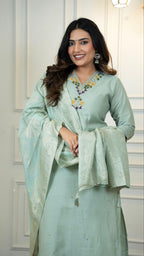 Lorenvalley Fashion Seagreen Roman Silk Hand Work Kurta Pant with Dupatta | Grocsy