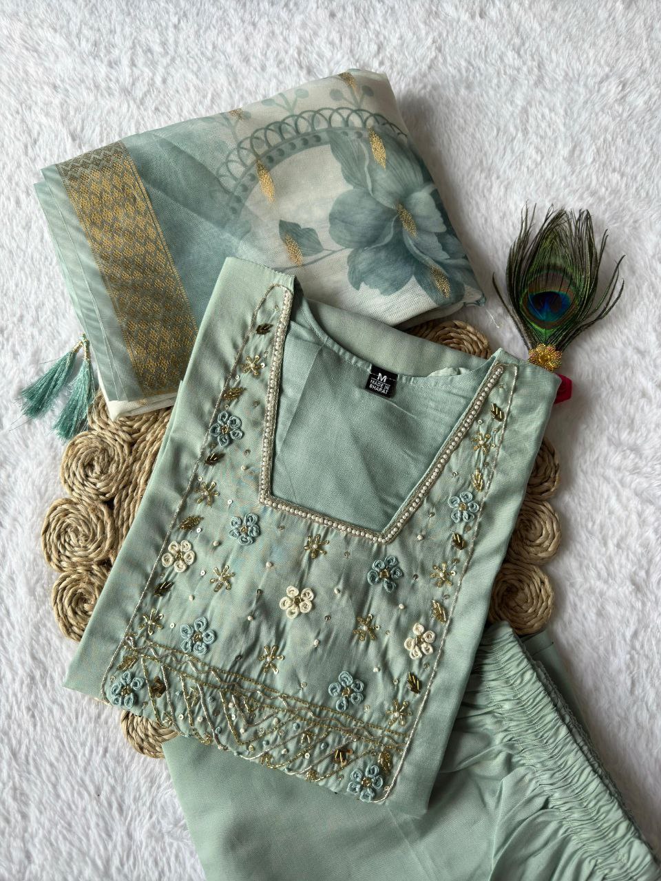 Lorenvalley Fashion Seagreen Roman Silk Hand Work Kurta Pant with Dupatta | Grocsy