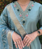 Lorenvalley Fashion Seagreen Roman Silk Hand Work Kurta Pant with Dupatta | Grocsy