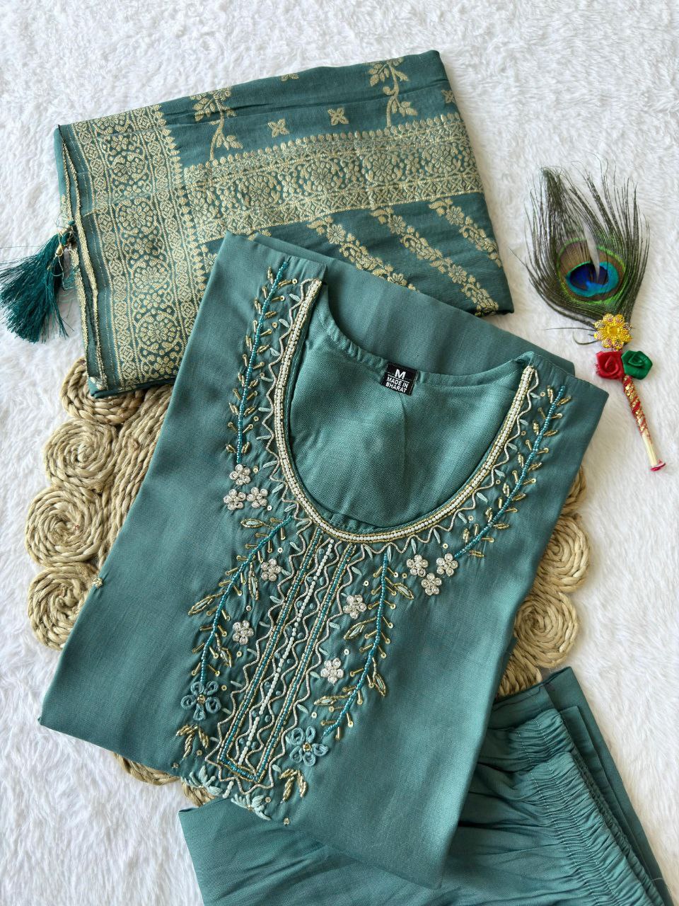 Lorenvalley Fashion Seagreen Roman Silk Hand Work Kurta Pant with Dupatta | Grocsy