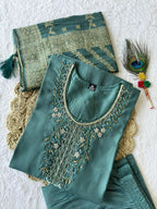 Lorenvalley Fashion Seagreen Roman Silk Hand Work Kurta Pant with Dupatta | Grocsy