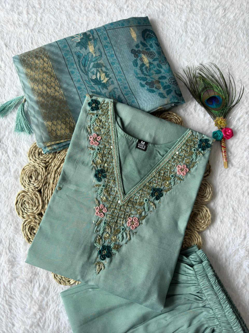 Lorenvalley Fashion Seagreen Roman Silk Hand Work Kurta Pant with Dupatta | Grocsy