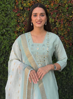 Lorenvalley Fashion Seagreen Roman Silk Hand Work Kurta Pant with Dupatta | Grocsy