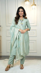 Lorenvalley Fashion Seagreen Roman Silk Hand Work Kurta Pant with Dupatta | Grocsy