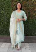 Lorenvalley Fashion Seagreen Roman Silk Hand Work Kurta Pant with Dupatta | Grocsy