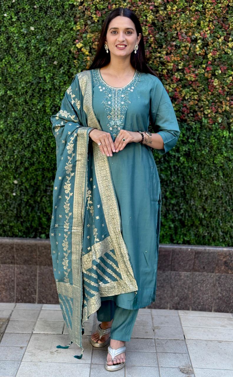 Lorenvalley Fashion Seagreen Roman Silk Hand Work Kurta Pant with Dupatta | Grocsy