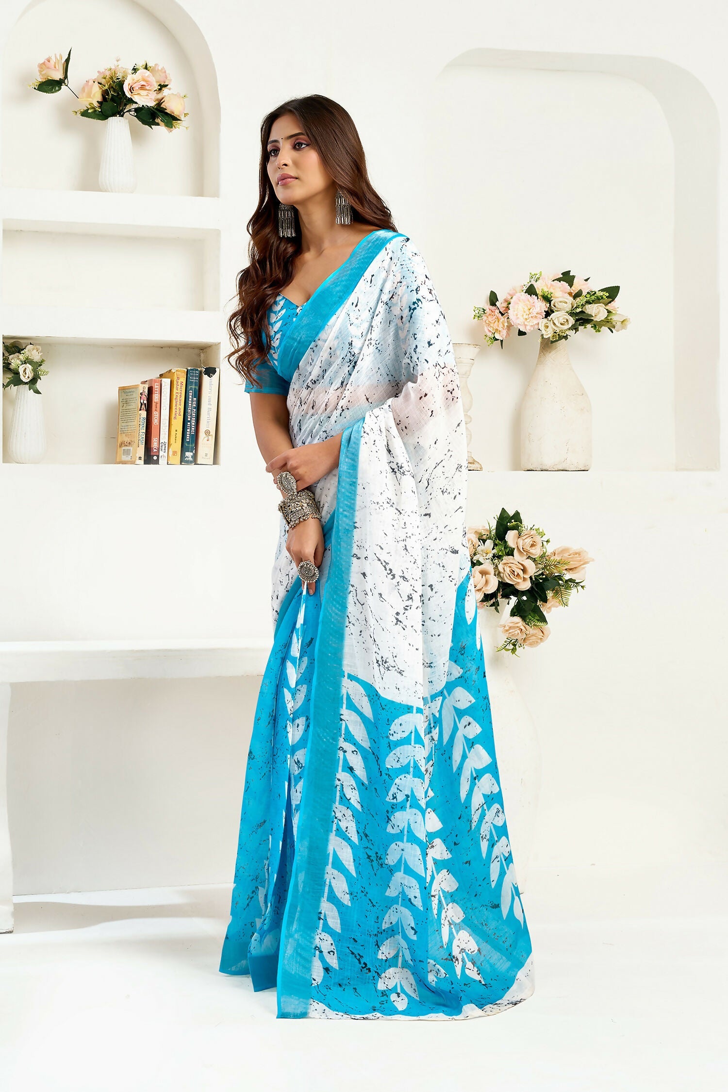 Joban Fashion White Leaf Linen Ready To Wear Saree With Unstitched Blouse | Grocsy