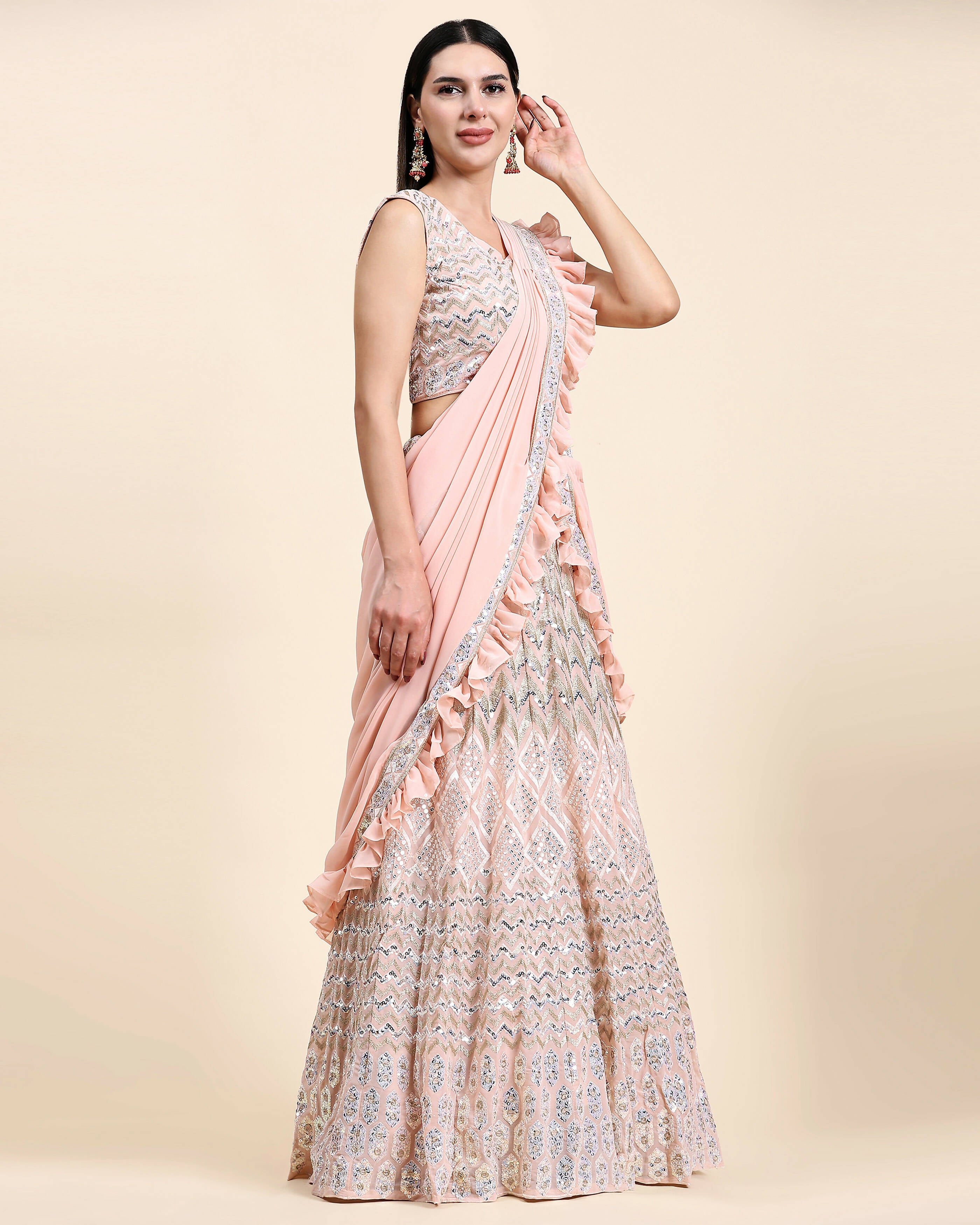 Peach Pure Viscose Georgette Thread With Sequins Embroidery Work Lehenga Choli With Dupatta - Tanya | Grocsy