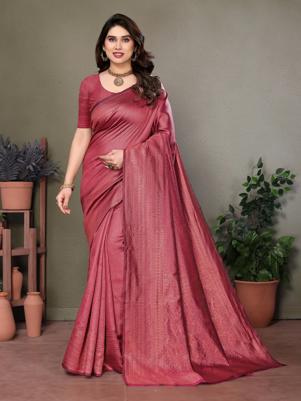 Vedant Vastram Litchi Silk Banarasi Silk Saree - Maroon | Grocsy
