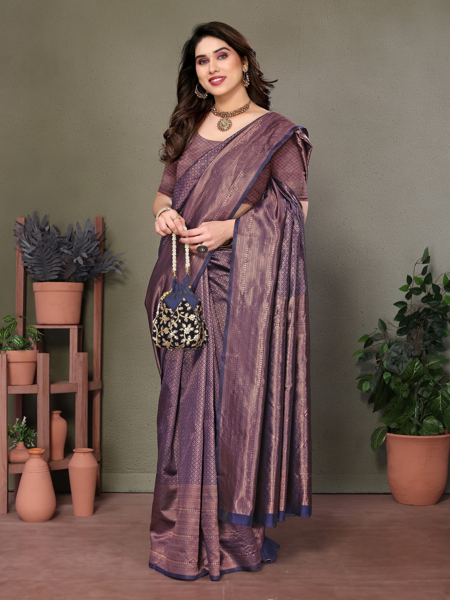 Vedant Vastram Litchi Silk Banarasi Silk Saree - Navy | Grocsy