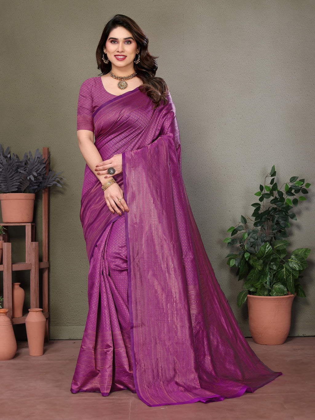Vedant Vastram Litchi Silk Banarasi Silk Saree - Purple | Grocsy