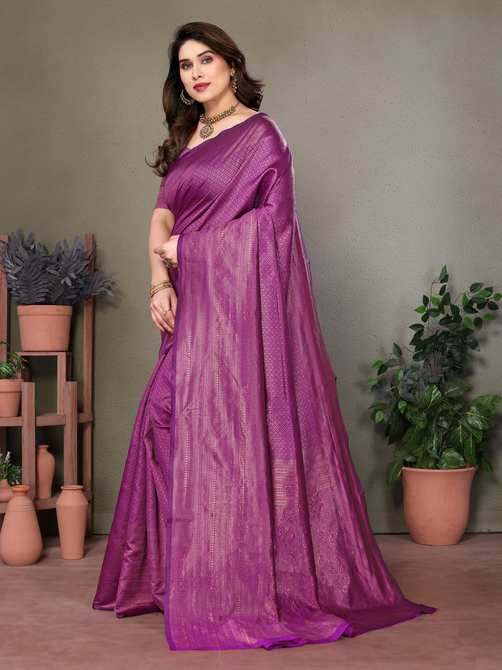 Vedant Vastram Litchi Silk Banarasi Silk Saree - Purple | Grocsy