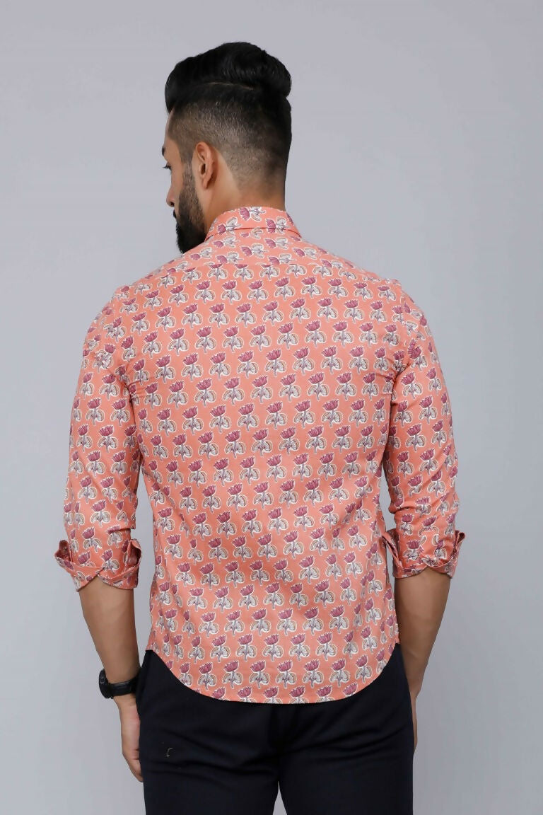 Miravan Men's Peach Spread Collar Floral Print Casual Shirt | Grocsy