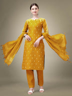 Jyoti Fashion Women's Yellow Cotton Blend Embroidery & Sequence work Kurta with Trouser & Dupatta | Grocsy