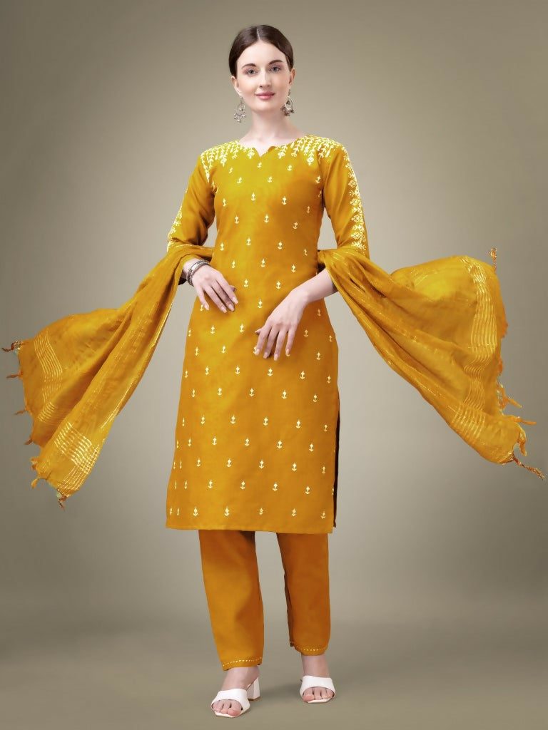 Jyoti Fashion Women's Yellow Cotton Blend Embroidery & Sequence work Kurta with Trouser & Dupatta | Grocsy